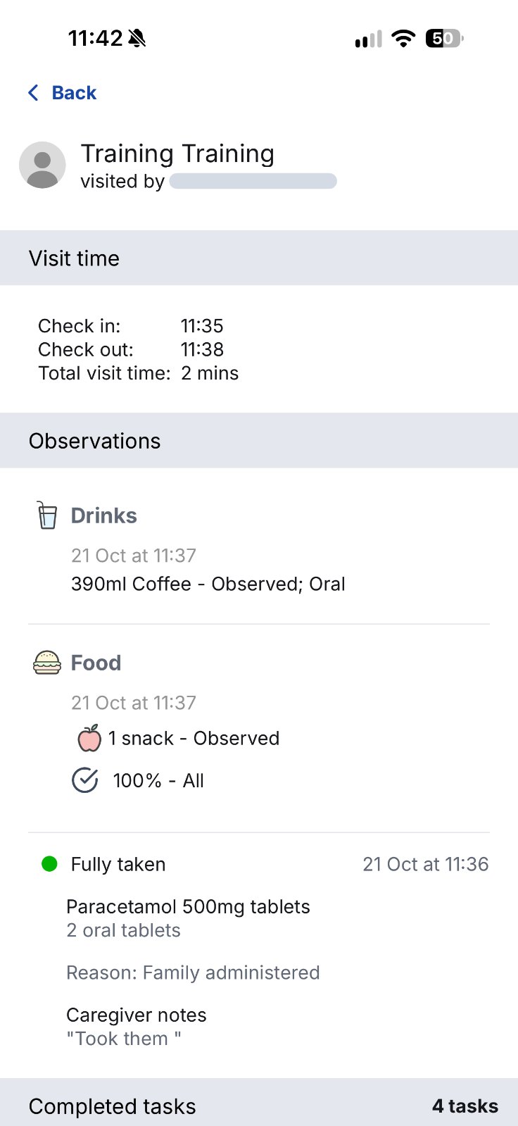 Birdie Care Circle visit report for a training client. Visit time: check in 11:35, check out 11:38, total 2 minutes. Observations: drinks, 390ml coffee; food, one snack, all eaten; medication fully taken, paracetamol 500mg, two oral tablets, with the caregiver note “Took them”. Carer name hidden.
