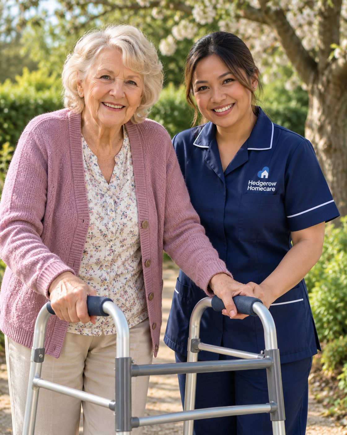 A carer walking alongside an older woman using a walking frame in a garden