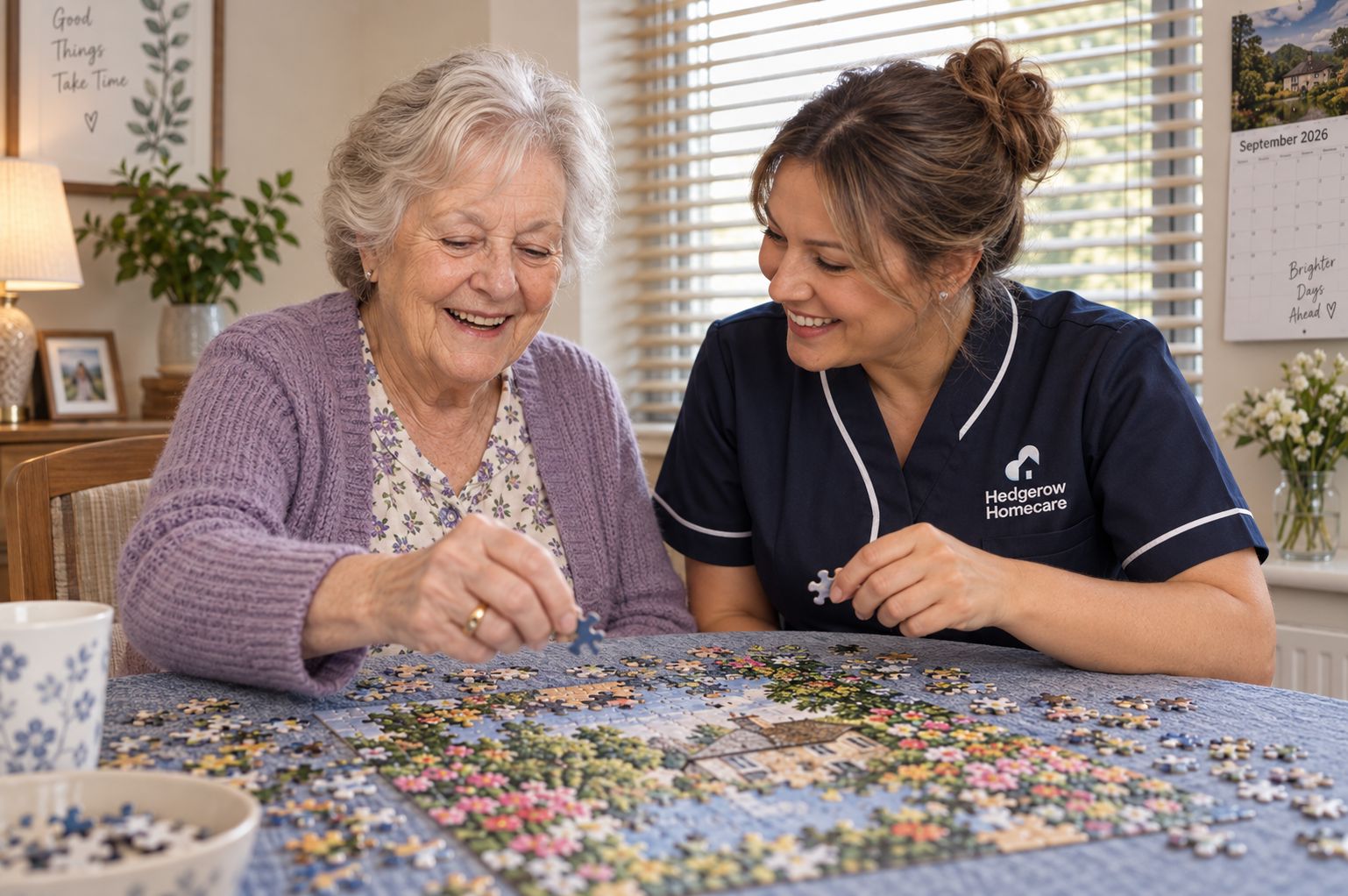 A carer and an older woman doing a jigsaw puzzle together