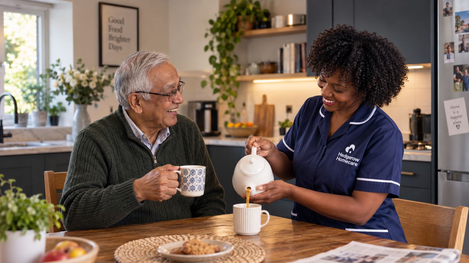 A carer pouring tea for an older man in his kitchen