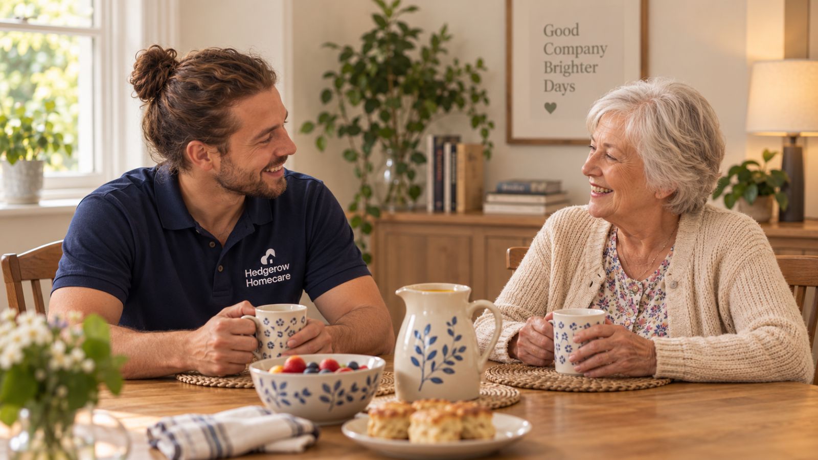 A carer sharing a cup of tea with an older woman